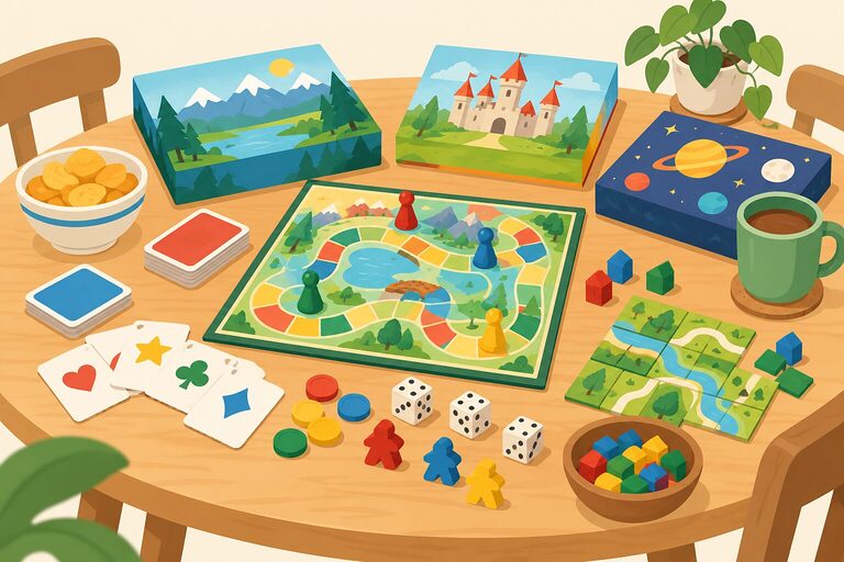 テーブルの上に広がるカラフルなボードゲームの箱とカード