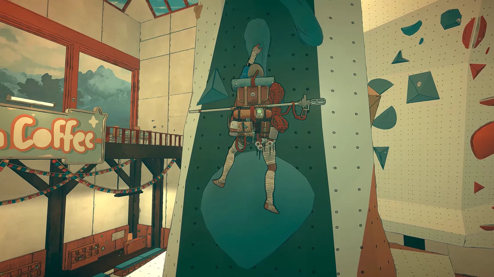 無料DLC「Cairn - On the Trail: Deep Water」の公式スクリーンショット。新エリア「Lamu」のクライミングジムで人工壁を登るクライマー