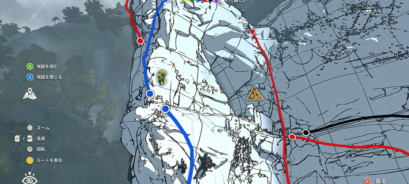 地図で開く登攀ルートの計画画面。崖面に青と赤で色分けされたルート線とマーカーが重ねて表示され、日本語の操作ガイドが並ぶ