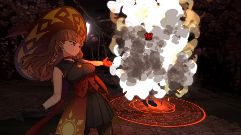 スキル発動時のカットイン演出。大きなオレンジ色の帽子をかぶったキャラクターが魔法陣の上で技を放つ一枚