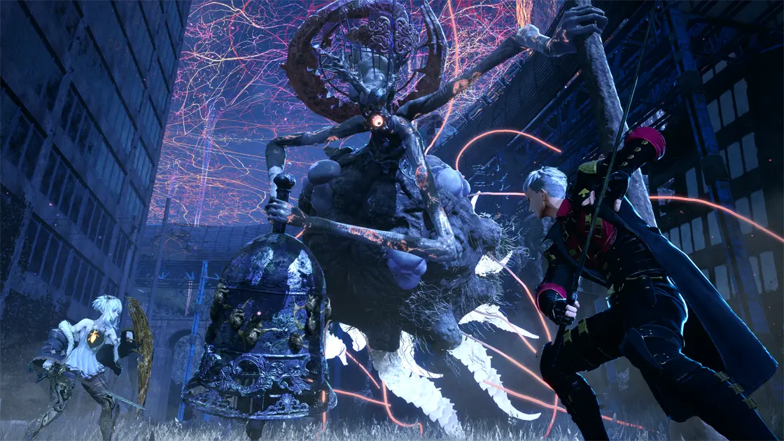 【レビュー】『CODE VEIN II(コードヴェイン2)』タイムトラベル×死にゲーの最強タッグ!前作超えの濃密ドラマと骨太バトルがヤバすぎる 14 『CODE VEIN II』戦闘画面。召喚したバディと共に巨大な敵へ立ち向かう主人公