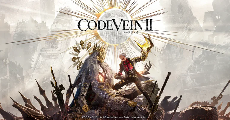 『CODE VEIN II』キービジュアル。崩壊した街を背景に、吸血鬼ハンターの主人公と吸血鬼たちが描かれたメインアート
