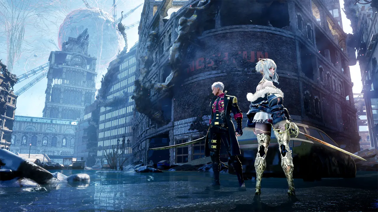 【レビュー】『CODE VEIN II(コードヴェイン2)』タイムトラベル×死にゲーの最強タッグ!前作超えの濃密ドラマと骨太バトルがヤバすぎる 2 『CODE VEIN II』ゲーム画面。水没した廃墟の街を進む主人公と吸血鬼の少女ルゥ