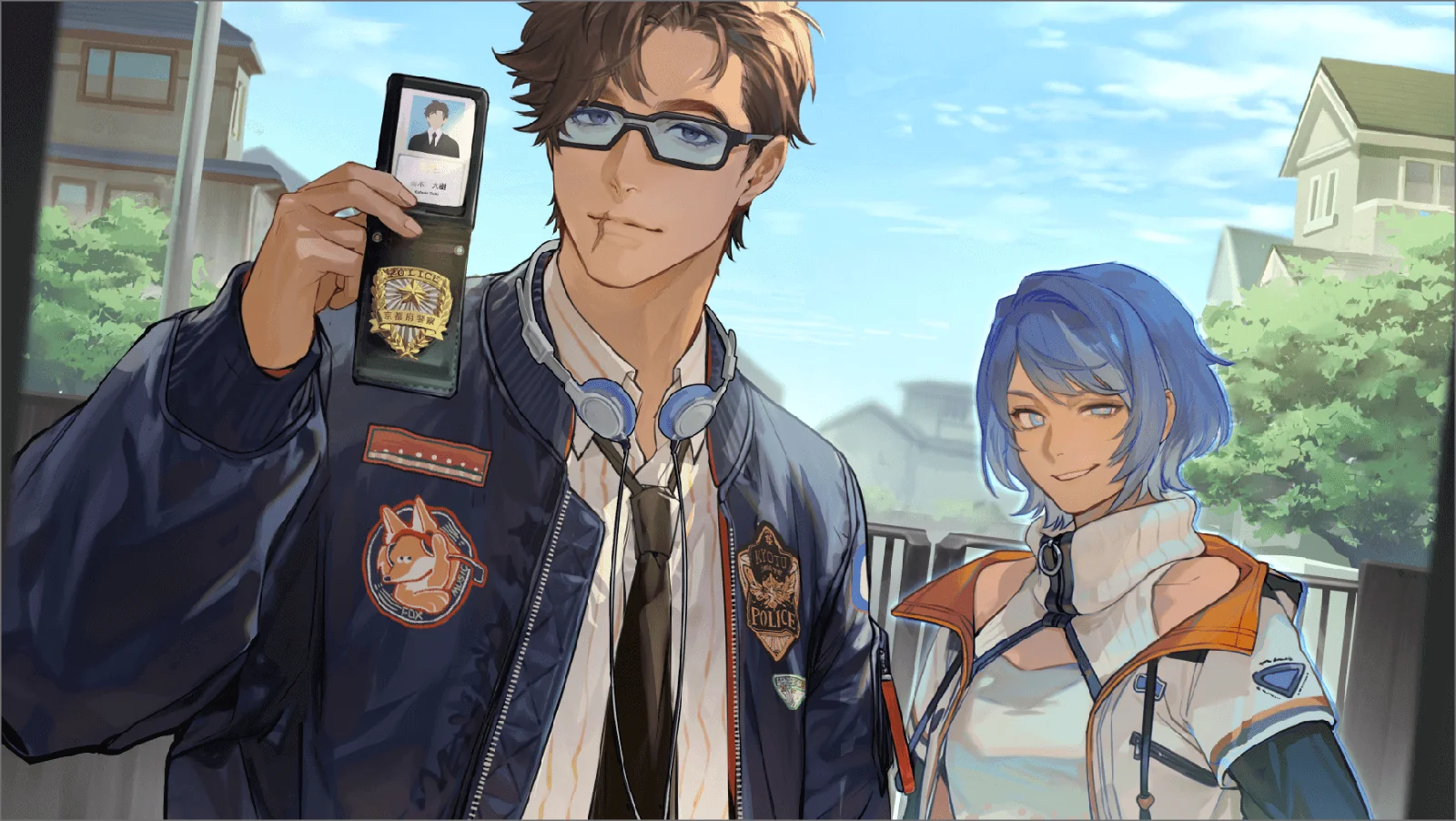 『DUSK INDEX: GION』公式イラスト。住宅街で警察手帳を掲げる勝木と、隣に立つクイン