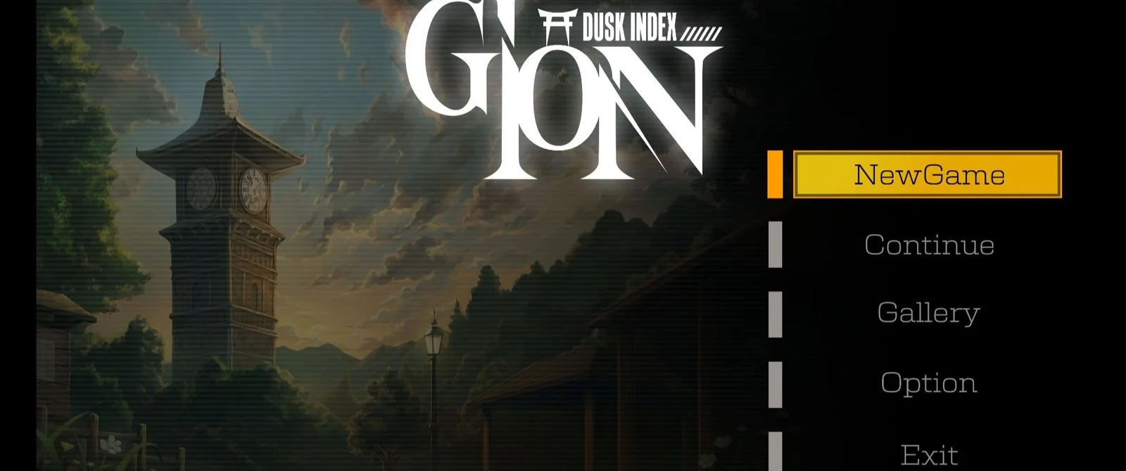 『DUSK INDEX: GION』のタイトル画面。時計台の背景にGIONのロゴとNewGameなどのメニューが並ぶ
