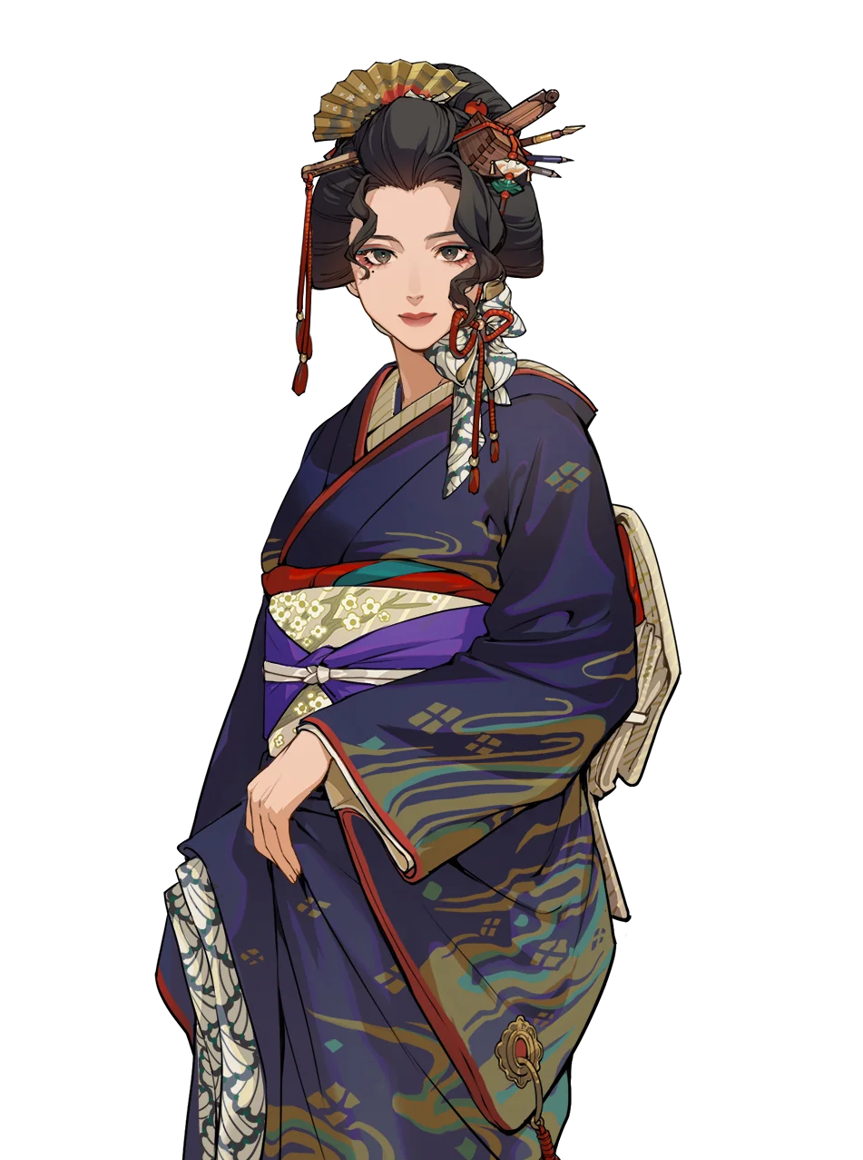 咲の立ち絵。紫の着物に髪飾りをつけた祇園の芸妓