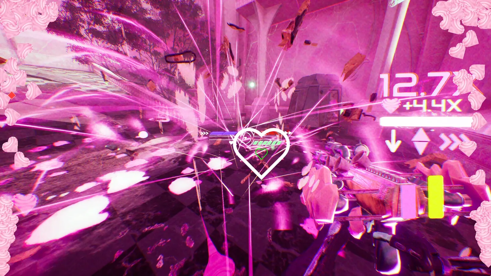 『Don't Stop, Girlypop!』ゲーム画面。画面いっぱいにハートの爆発エフェクトが広がり、速度倍率+4.4xと12.7のカウントが表示される