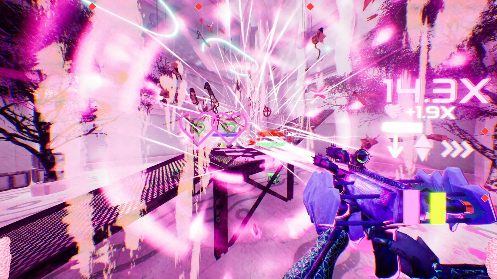 『Don't Stop, Girlypop!』ゲーム画面。敵の弾とハートのエフェクトが飛び交う激しい戦闘。右上に14.3xの速度倍率と入力ガイドの矢印