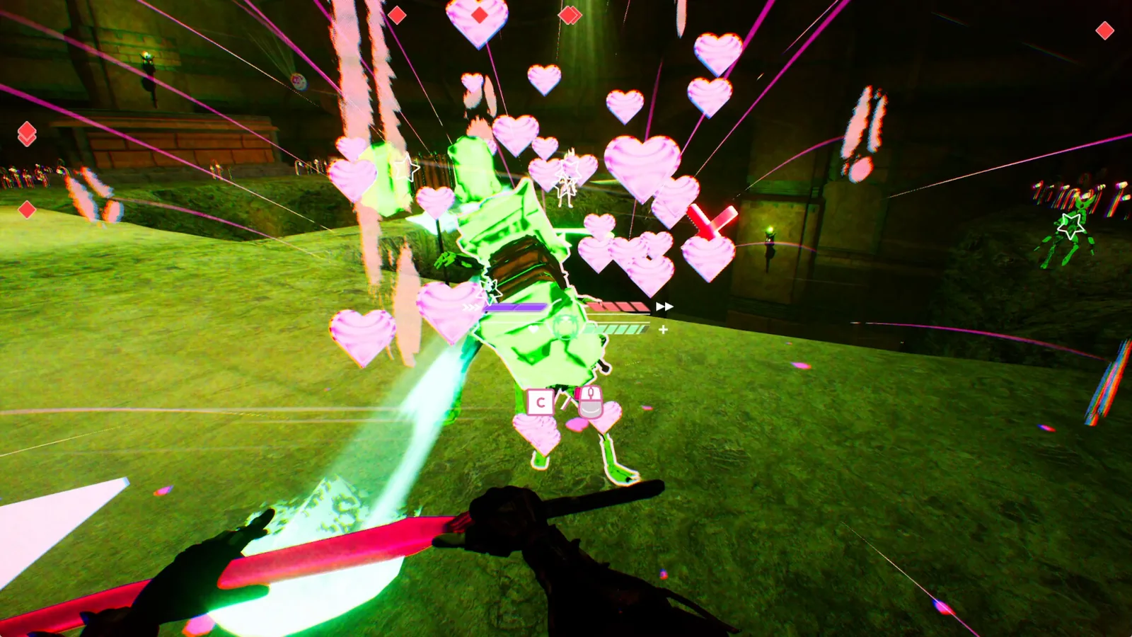 『Don't Stop, Girlypop!』ゲーム画面。緑の庭園ステージで敵を撃ちハートのエフェクトが飛び散る