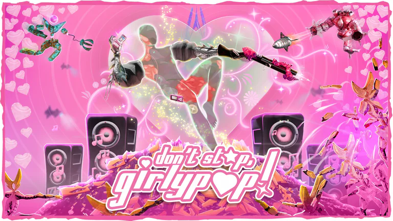 『Don't Stop, Girlypop!』キーアート。ピンクの空を背景にタイトルロゴ、デコられた武器や腕、クマのぬいぐるみが泡に包まれて浮かぶメインアート