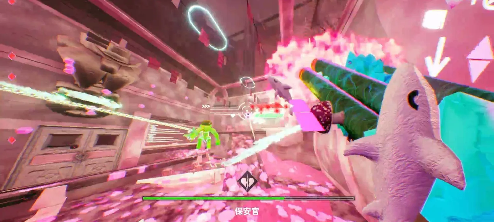 『Don't Stop, Girlypop!』のプレイ画面。サメのぬいぐるみをデコった腕を構え、「保安官」と名付けられた大型の敵と対峙する戦闘。敵の頭上にフィニッシャーを示すハートのアイコンと日本語字幕が見える