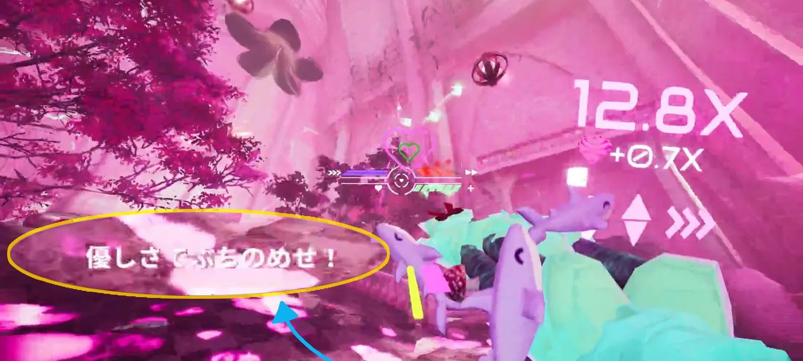 『Don't Stop, Girlypop!』のプレイ画面。敵と交戦中で日本語字幕「優しさでぶちのめせ！」が表示され、右上に速度倍率12.8x（+0.7x）のHUD