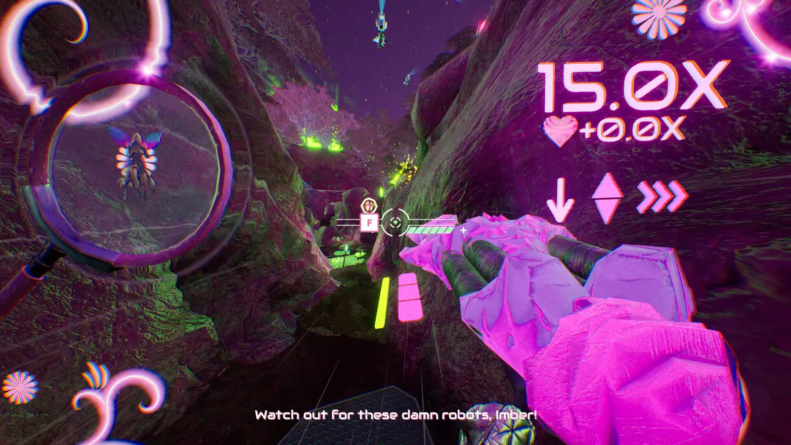 『Don't Stop, Girlypop!』ゲーム画面（Lite版公式スクリーンショット）。暗い峡谷の小道を妖精に導かれて進むシーン。右上に速度倍率15.0x（+0.0x）のHUDと進行方向を示す矢印、左のリング内に妖精、下部に英語の字幕