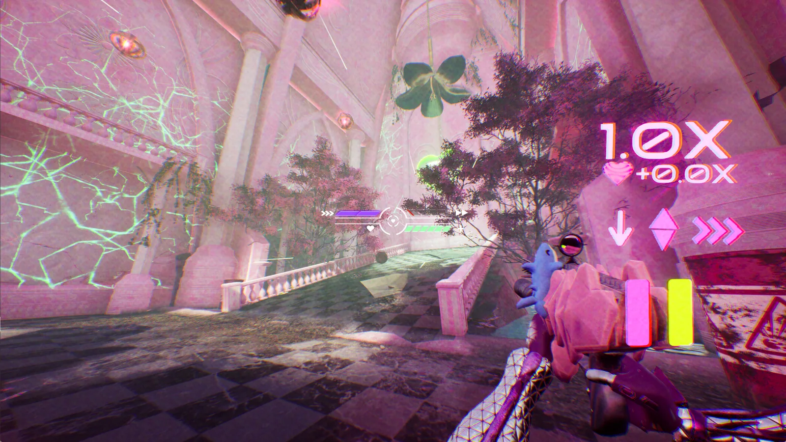 『Don't Stop, Girlypop!』ゲーム画面。ピンクの宮殿のようなホールを進むシーン。右下にサメのぬいぐるみを抱えた腕、右上に速度倍率1.0x（+0.0x）のHUDが見える