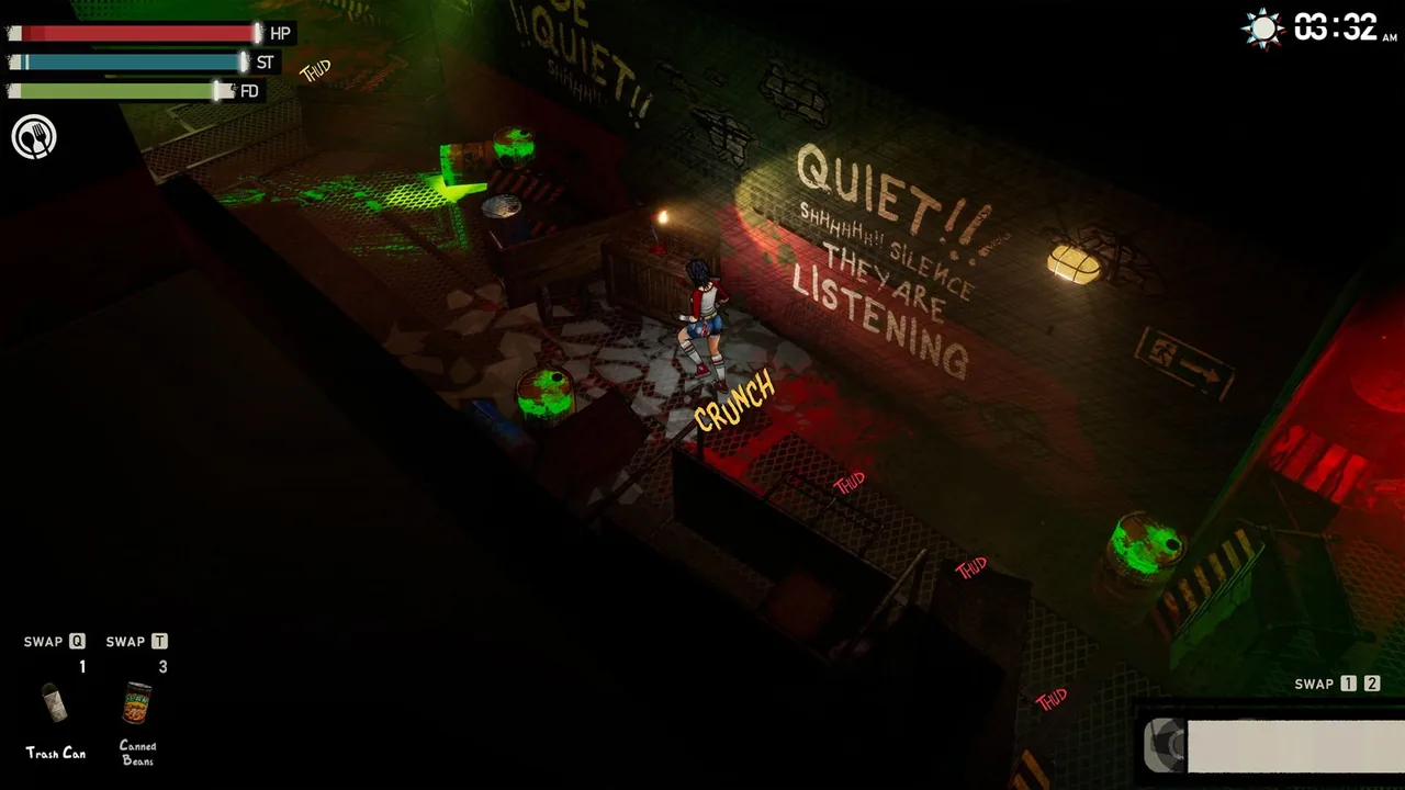 「QUIET!!」「THEY ARE LISTENING」と落書きされた地下通路。割れたガラスを踏むと「CRUNCH」の音が出る