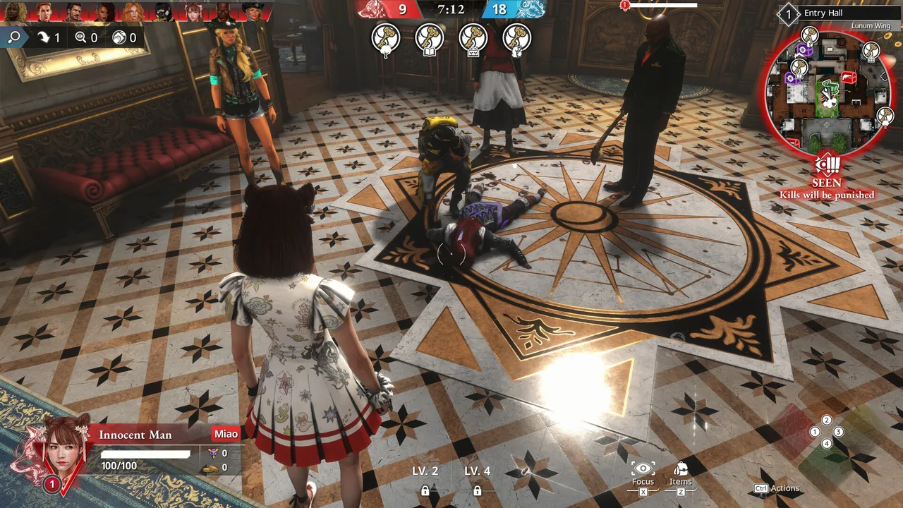 エントランスホールで死体を囲むプレイヤーたちのゲーム画面