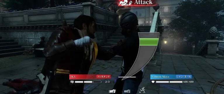 フェルナンドで相手にグラップルを仕掛けているゲーム画面。「Attack」の表示とゲージのミニゲーム