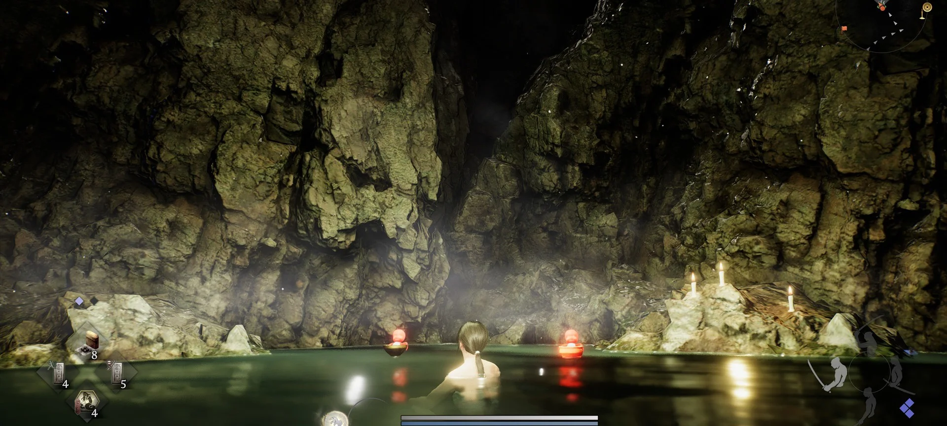 『仁王３』実際のプレイ画面。洞窟内の温泉に浸かる主人公