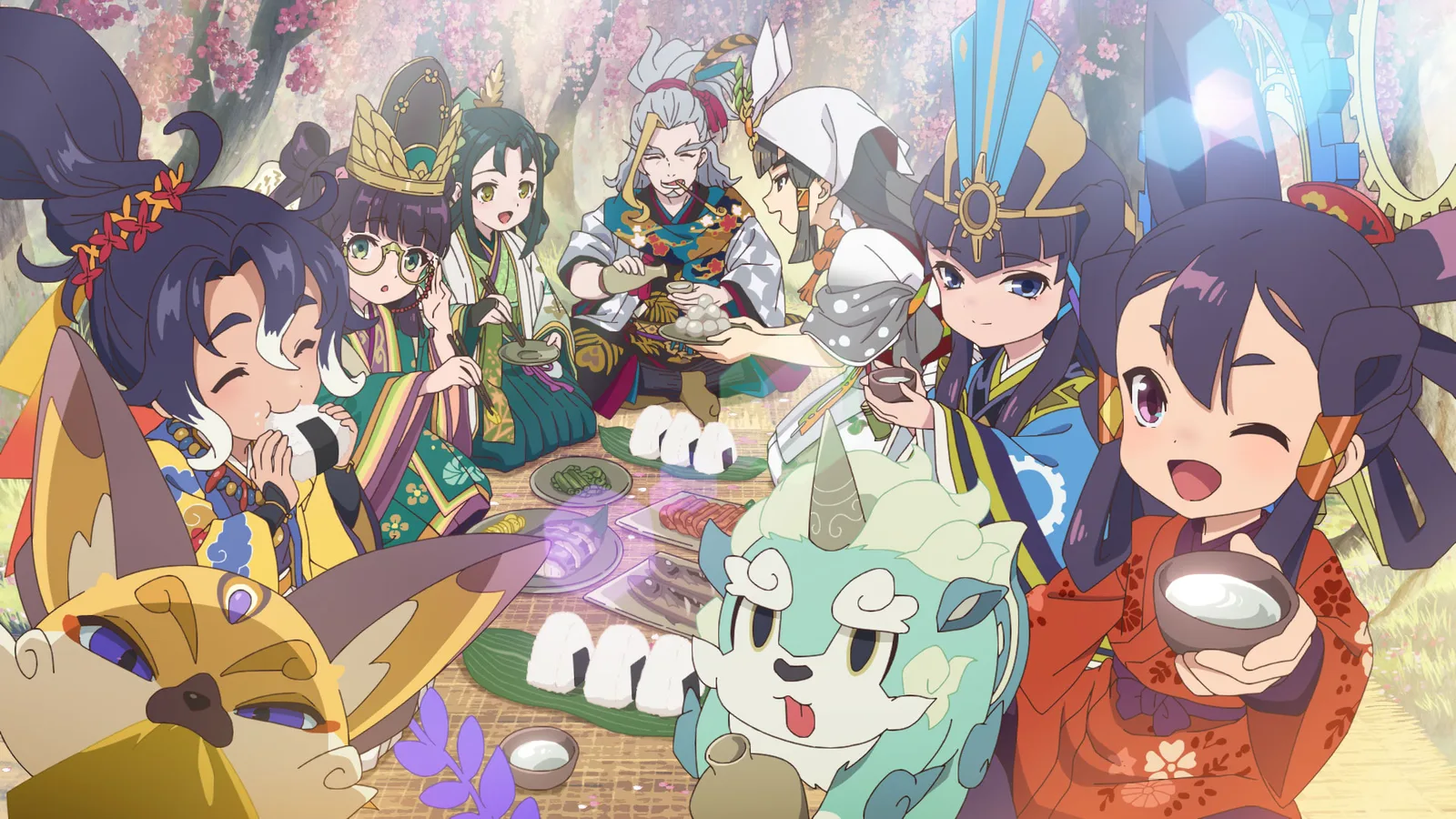 事前登録報酬の心想神画イラスト。食卓を囲んでご飯やおにぎりを頬張るサクナヒメと仲間たちの描き下ろしアート