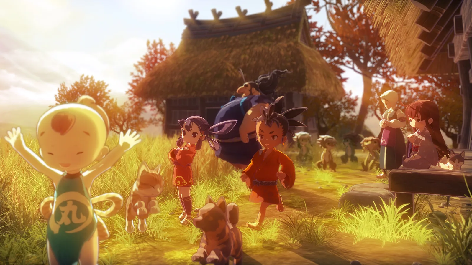 原作『天穂のサクナヒメ』のゲーム場面。日ノ惠島の集落でサクナヒメと仲間たち、犬たちが茅葺きの家の前に集まっている