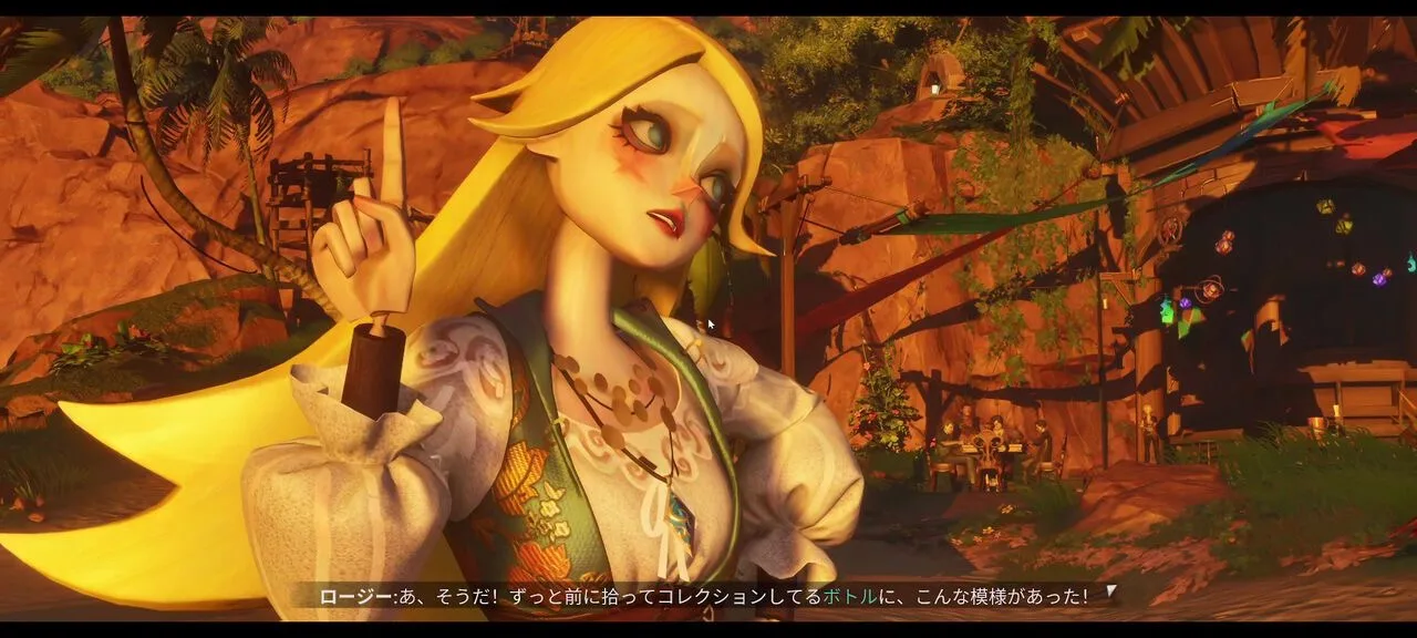 『シーオブレムナンツ』実プレイ画面。快活な少女ロージーが昔拾ったボトルの話をする会話シーン