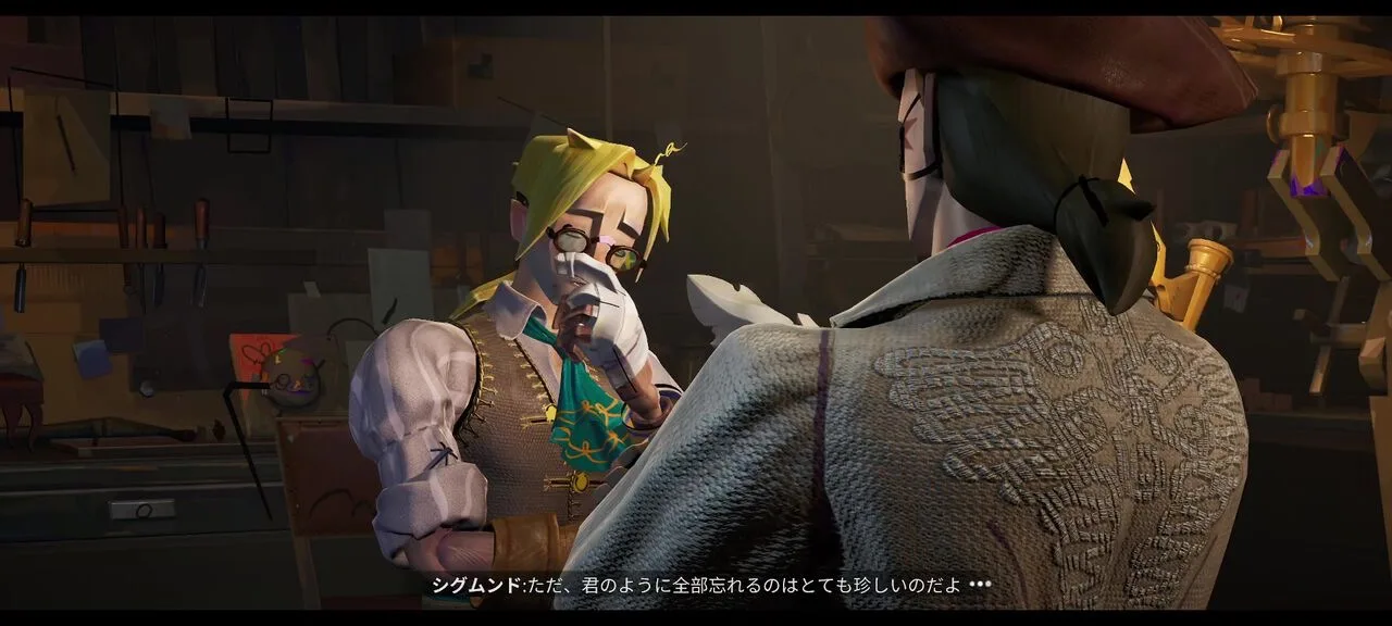 『シーオブレムナンツ』実プレイ画面。人形技師シグムンドが「君のように全部忘れるのはとても珍しいのだよ」と主人公に語りかける工房内の会話シーン