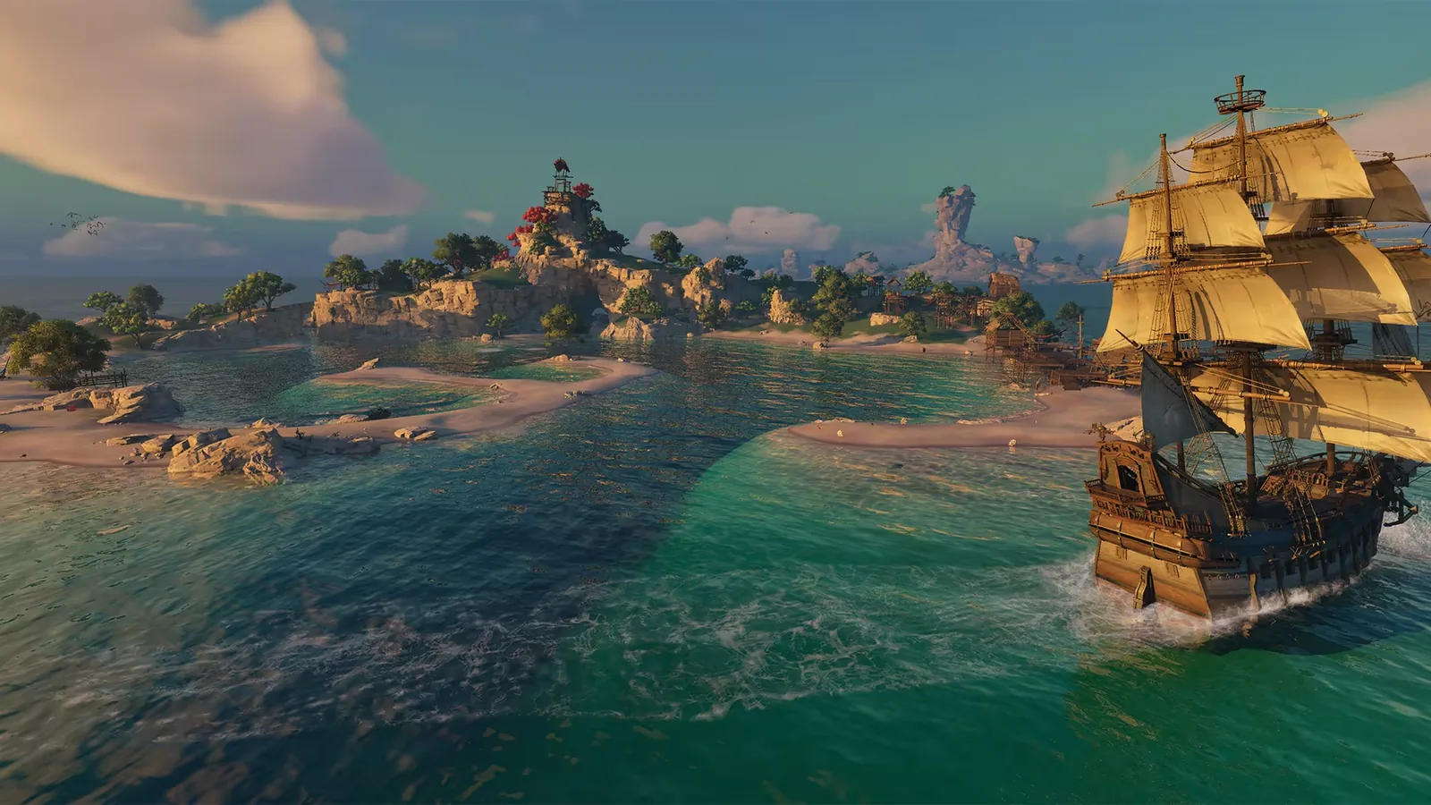 熱帯の島々のそばを帆船で進む海上探索シーン。出航から島巡りへ向かうゲームの流れ