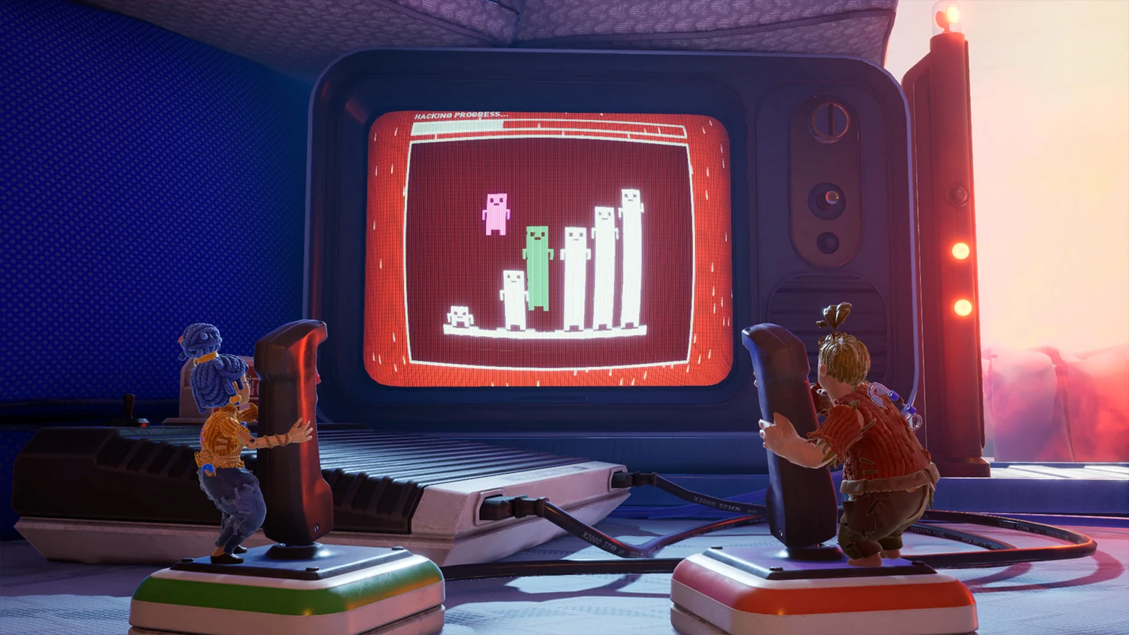 コーディとメイが左右の操作棒を動かす公式ゲーム画像