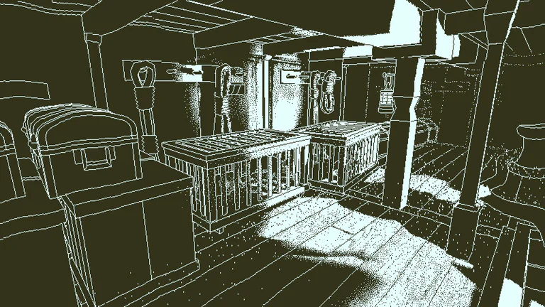 Return of the Obra Dinnの公式画像。無人の船室を描く少ない色の探索画面
